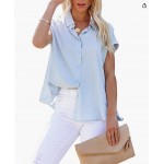 Light Blue  Womens Linen Button Down Shirts Short Sleeve V Neck Office Blouses Casual Business Tops Slim Fit Shirts