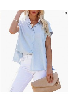 Light Blue  Womens Linen Button Down Shirts Short Sleeve V Neck Office Blouses Casual Business Tops Slim Fit Shirts