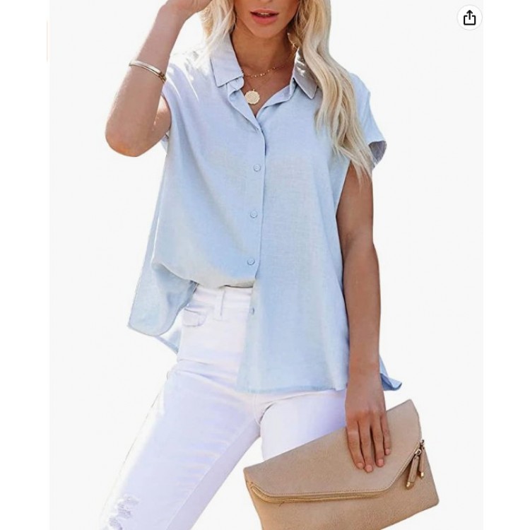 Light Blue  Womens Linen Button Down Shirts Short Sleeve V Neck Office Blouses Casual Business Tops Slim Fit Shirts