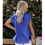 Royal Blue  Womens Linen Button Down Shirts Short Sleeve V Neck Office Blouses Casual Business Tops Slim Fit Shirts