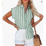 Green  Short Sleeve Striped Button Down Shirts Casual Loose V-Neck Collared Blouse Tops