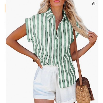 Green  Short Sleeve Striped Button Down Shirts Casual Loose V-Neck Collared Blouse Tops