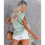 Green  Short Sleeve Striped Button Down Shirts Casual Loose V-Neck Collared Blouse Tops