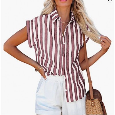 Burgundy  Short Sleeve Striped Button Down Shirts Casual Loose V-Neck Collared Blouse Tops