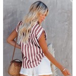 Burgundy  Short Sleeve Striped Button Down Shirts Casual Loose V-Neck Collared Blouse Tops