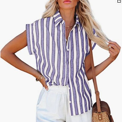 Purple  Short Sleeve Striped Button Down Shirts Casual Loose V-Neck Collared Blouse Tops