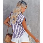 Purple  Short Sleeve Striped Button Down Shirts Casual Loose V-Neck Collared Blouse Tops