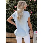 Light Blue  Womens Linen Button Down Shirts Short Sleeve V Neck Office Blouses Casual Business Tops Slim Fit Shirts