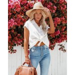 White  Womens Linen Button Down Shirts Short Sleeve V Neck Office Blouses Casual Business Tops Slim Fit Shirts