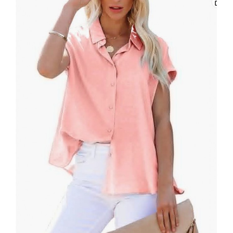 Pink  Womens Linen Button Down Shirts Short Sleeve V Neck Office Blouses Casual Business Tops Slim Fit Shirts