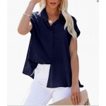 Navy Blue  Womens Linen Button Down Shirts Short Sleeve V Neck Office Blouses Casual Business Tops Slim Fit Shirts