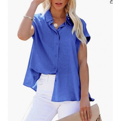 Royal Blue  Womens Linen Button Down Shirts Short Sleeve V Neck Office Blouses Casual Business Tops Slim Fit Shirts