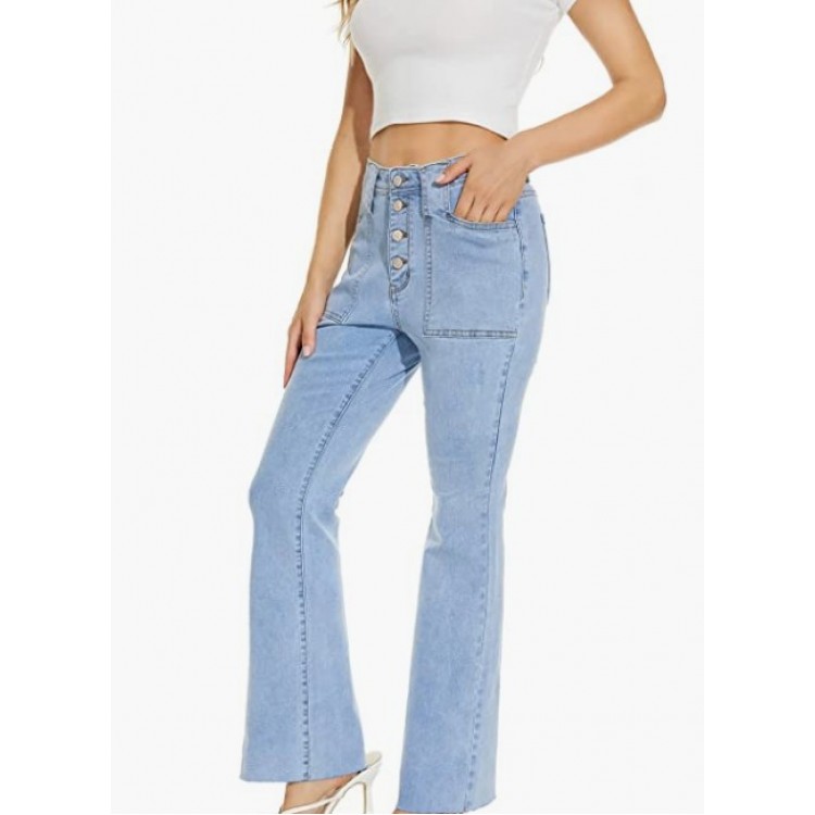 Light Blue Women's Bootcut Bell Bottom Jeans Stretchy Flare Pants High Waisted Long Jean Denim,Soft Fabric with Pockets