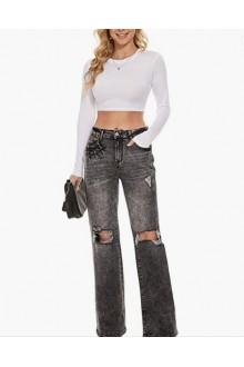 Women Straight Ripped Denim Jeans High Waisted Stretch Baggy Streetwear Washed Vintage Denim Pants