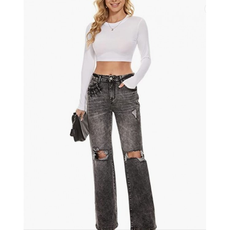 Women Straight Ripped Denim Jeans High Waisted Stretch Baggy Streetwear Washed Vintage Denim Pants