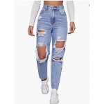 Women's High Waist Straight Leg Ripped Jeans Distressed Denim Pants