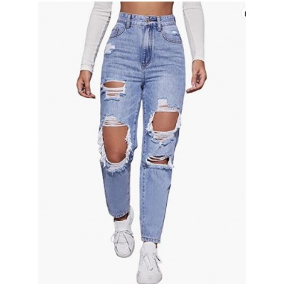 Women's High Waist Straight Leg Ripped Jeans Distressed Denim Pants