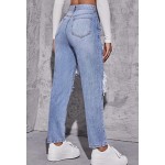 Women's High Waist Straight Leg Ripped Jeans Distressed Denim Pants