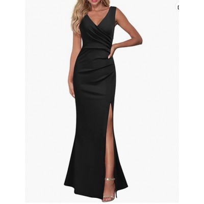 Black Women Sleeveless V Neck Split Evening Cocktail Long Dress