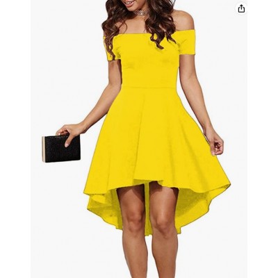 Yellow  Womens Off The Shoulder Short Sleeve High Low Cocktail Skater Dress