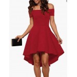 Red  Womens Off The Shoulder Short Sleeve High Low Cocktail Skater Dress