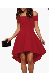 Red  Womens Off The Shoulder Short Sleeve High Low Cocktail Skater Dress