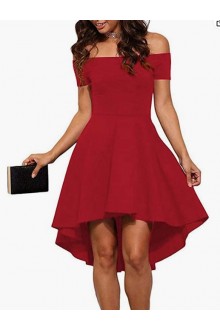 Red  Womens Off The Shoulder Short Sleeve High Low Cocktail Skater Dress