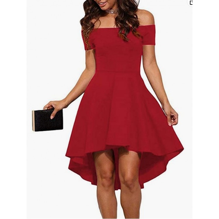 Red  Womens Off The Shoulder Short Sleeve High Low Cocktail Skater Dress