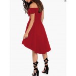 Red  Womens Off The Shoulder Short Sleeve High Low Cocktail Skater Dress