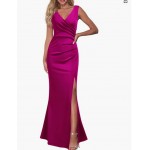 Magenta  Women Sleeveless V Neck Split Evening Cocktail Long Dress