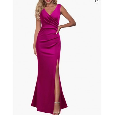 Magenta  Women Sleeveless V Neck Split Evening Cocktail Long Dress