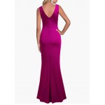 Magenta  Women Sleeveless V Neck Split Evening Cocktail Long Dress