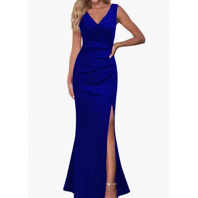  Royal Blue Women Sleeveless V Neck Split Evening Cocktail Long Dress