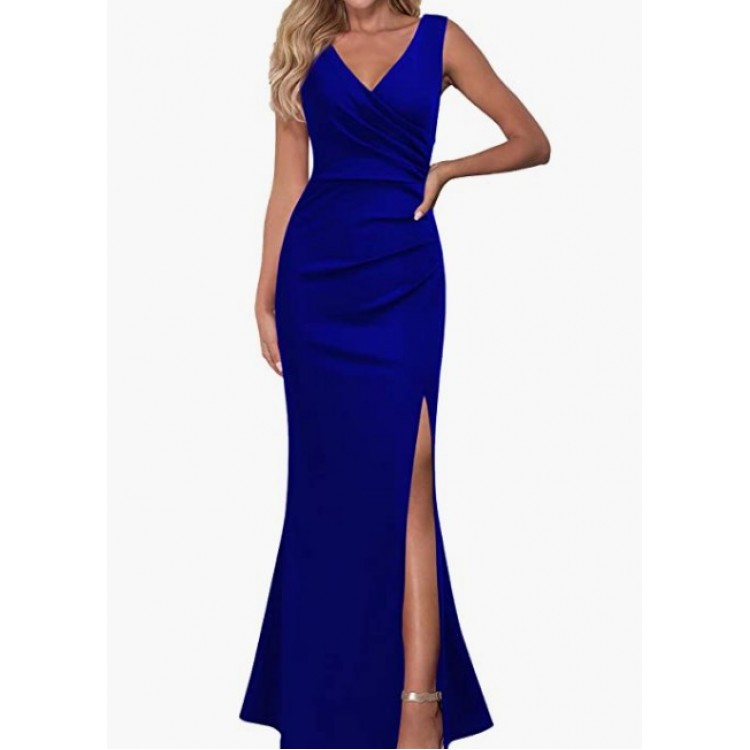  Royal Blue Women Sleeveless V Neck Split Evening Cocktail Long Dress