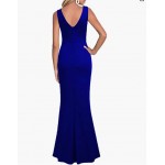  Royal Blue Women Sleeveless V Neck Split Evening Cocktail Long Dress