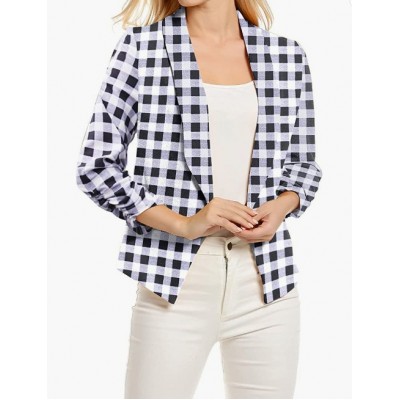 Black Plaid  Women 3/4 Sleeve Blazer Open Front Cardigan Jacket Work Office Blazer