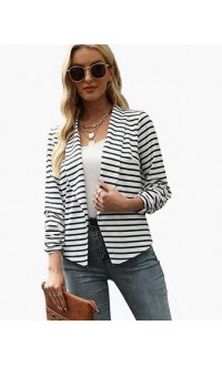 White Stripes  Women 3/4 Sleeve Blazer Open Front Cardigan Jacket Work Office Blazer