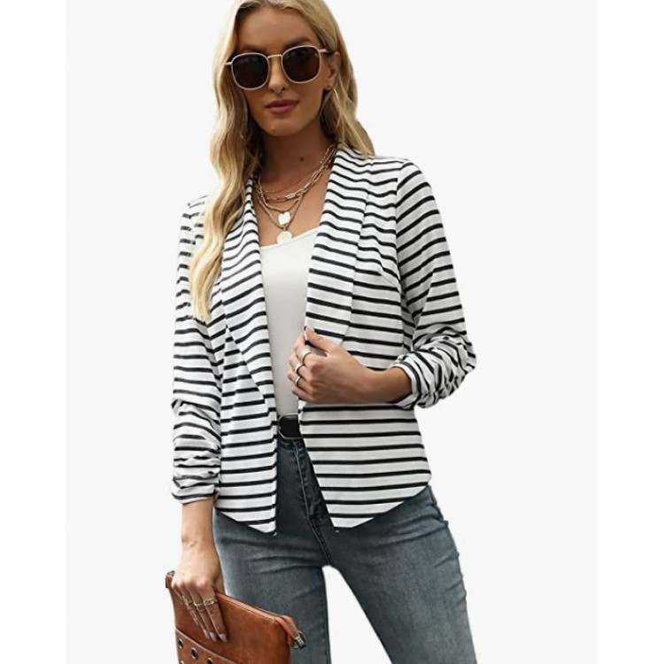 White Stripes  Women 3/4 Sleeve Blazer Open Front Cardigan Jacket Work Office Blazer