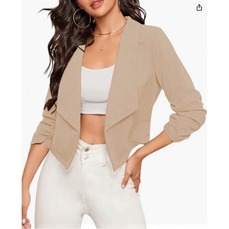 Women's Casual Short Blazers Suit 3/4 Sleeve Knit Blazer Work Office Open Front Blazer Jacket