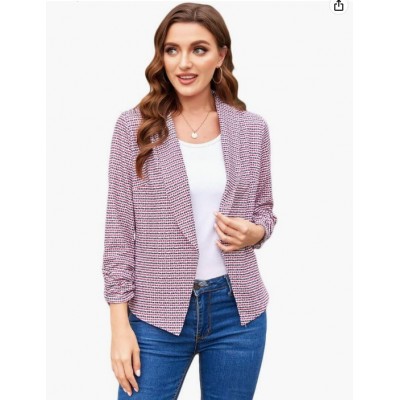 Red Plaid Women 3/4 Sleeve Blazer Open Front Cardigan Jacket Work Office Blazer