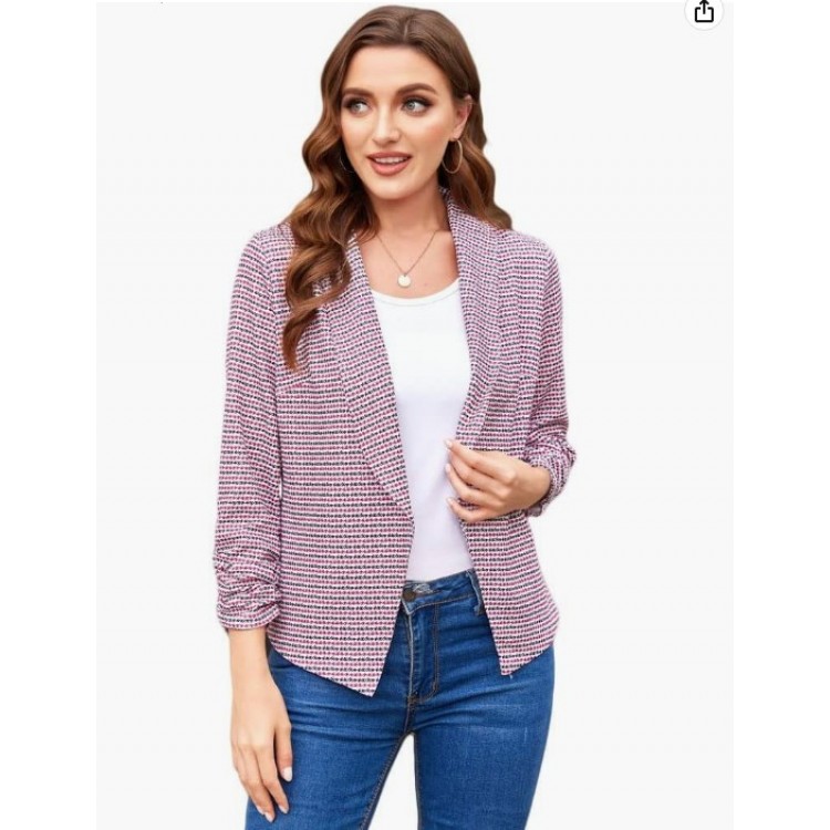 Red Plaid Women 3/4 Sleeve Blazer Open Front Cardigan Jacket Work Office Blazer