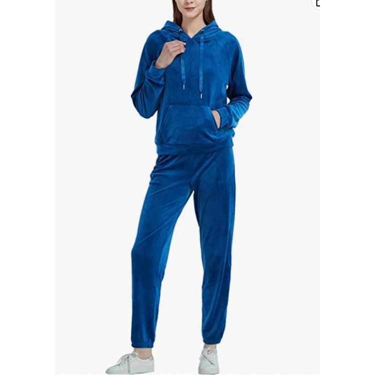 Dark Blue  Womens Tracksuits 2 Piece Outfits Velour Pullover Hoodie & Sweatpants Jogger Set Sportswear Sweatsuit Set