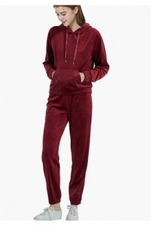 Red Wine  Womens Tracksuits 2 Piece Outfits Velour Pullover Hoodie & Sweatpants Jogger Set Sportswear Sweatsuit Set