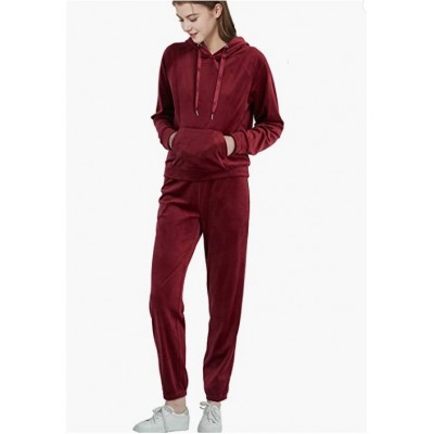 Red Wine  Womens Tracksuits 2 Piece Outfits Velour Pullover Hoodie & Sweatpants Jogger Set Sportswear Sweatsuit Set